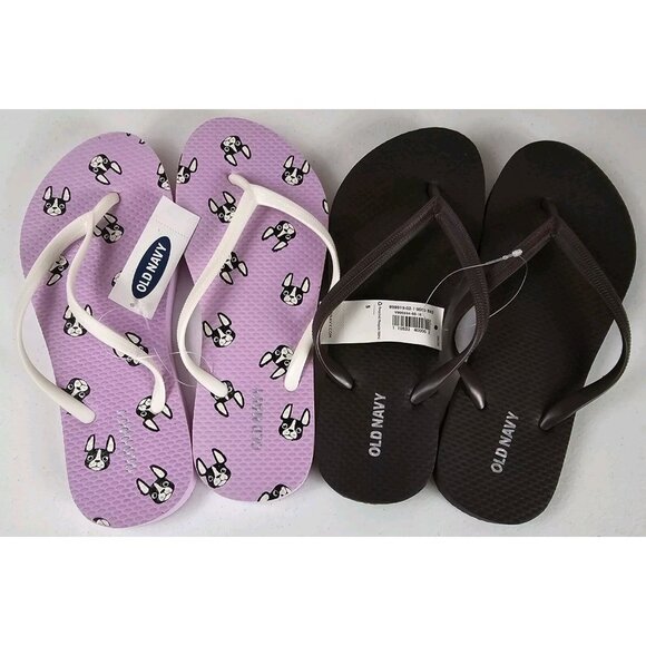 Old Navy 2 Pair NWT Flip Flop Thong Sandals Womens 5 French Bulldog Shower Shoes - Picture 1 of 7